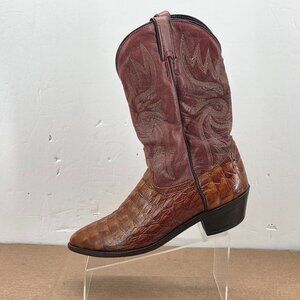 Laredo Brown Croc-Embossed Leather Cowboy Boots with Burgundy Shaft